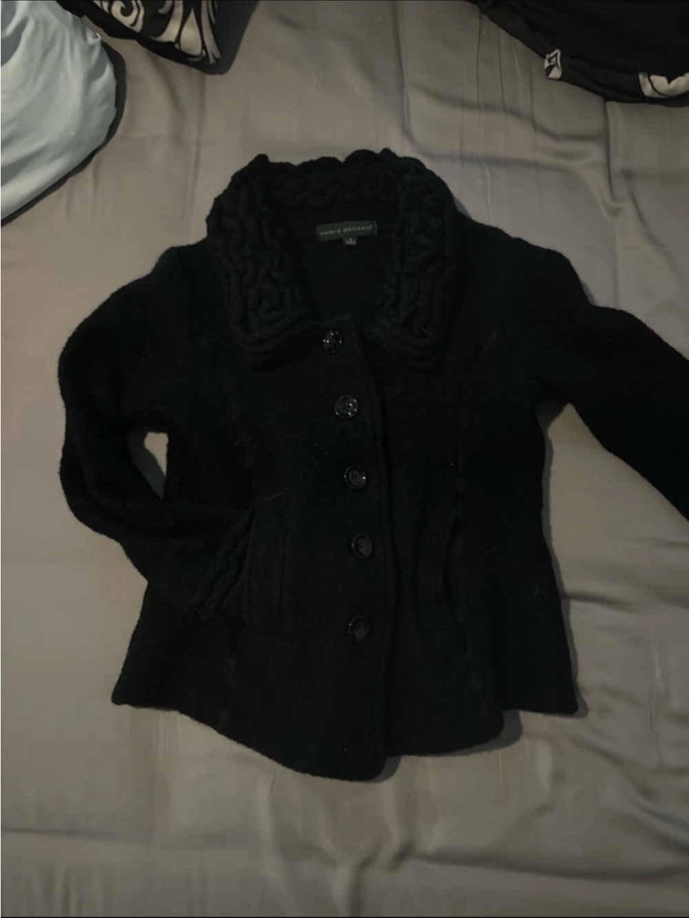 Vintage Harve Benard Black Knit Pea Coat with Braided Shawl Collar